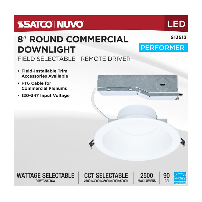 SATCO/NUVO 8 Inch Round LED Commercial Downlight Selectable 30W/22W/16W 2500Lm/2000Lm/1500Lm 2700K/3000K/3500K/4000K/5000K 120-347V 90 CRI White (S13512)