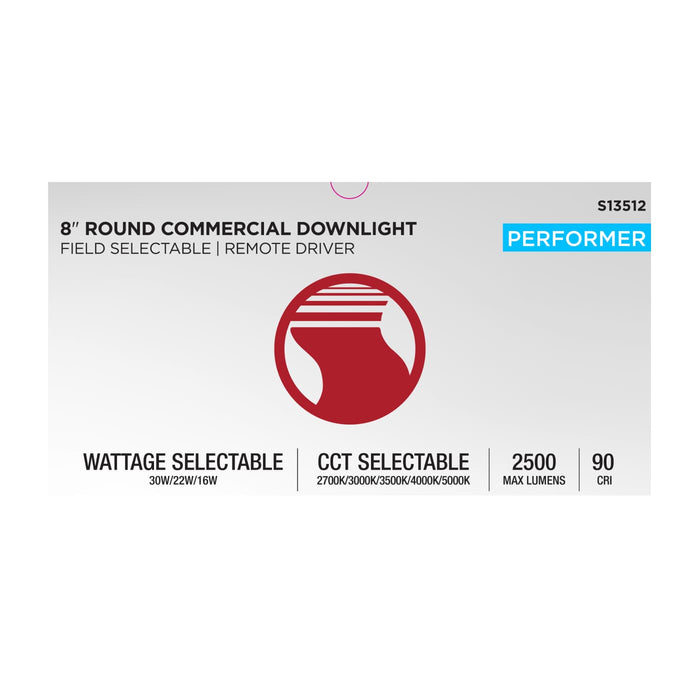 SATCO/NUVO 8 Inch Round LED Commercial Downlight Selectable 30W/22W/16W 2500Lm/2000Lm/1500Lm 2700K/3000K/3500K/4000K/5000K 120-347V 90 CRI White (S13512)