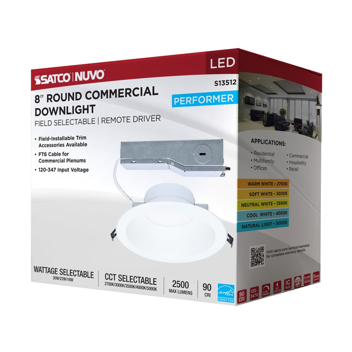 SATCO/NUVO 8 Inch Round LED Commercial Downlight Selectable 30W/22W/16W 2500Lm/2000Lm/1500Lm 2700K/3000K/3500K/4000K/5000K 120-347V 90 CRI White (S13512)