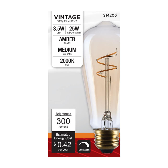 SATCO/NUVO 3.5W LED ST19 Medium E26 Base 2000K 300Lm Clear Glass Amber Coil Filament Dimmable 90 CRI 120V (S14206)
