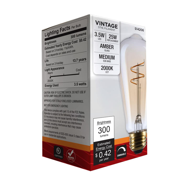 SATCO/NUVO 3.5W LED ST19 Medium E26 Base 2000K 300Lm Clear Glass Amber Coil Filament Dimmable 90 CRI 120V (S14206)