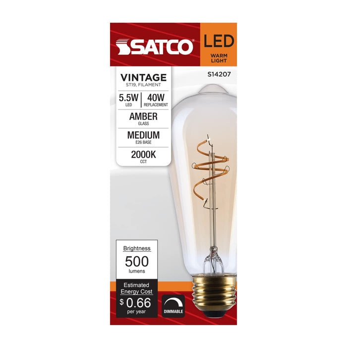 SATCO/NUVO 5.5W LED ST19 Medium E26 Base 2000K 500Lm Clear Glass Amber Coil Filament Dimmable 90 CRI 120V (S14207)