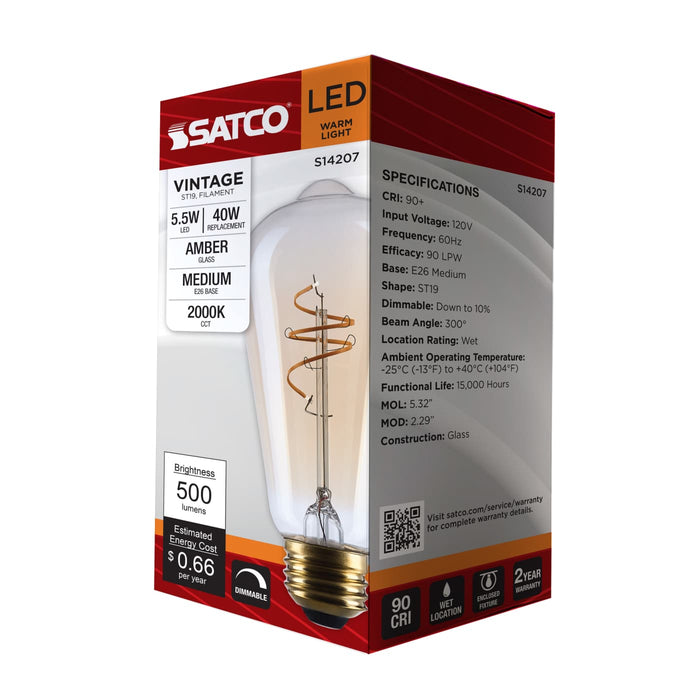 SATCO/NUVO 5.5W LED ST19 Medium E26 Base 2000K 500Lm Clear Glass Amber Coil Filament Dimmable 90 CRI 120V (S14207)