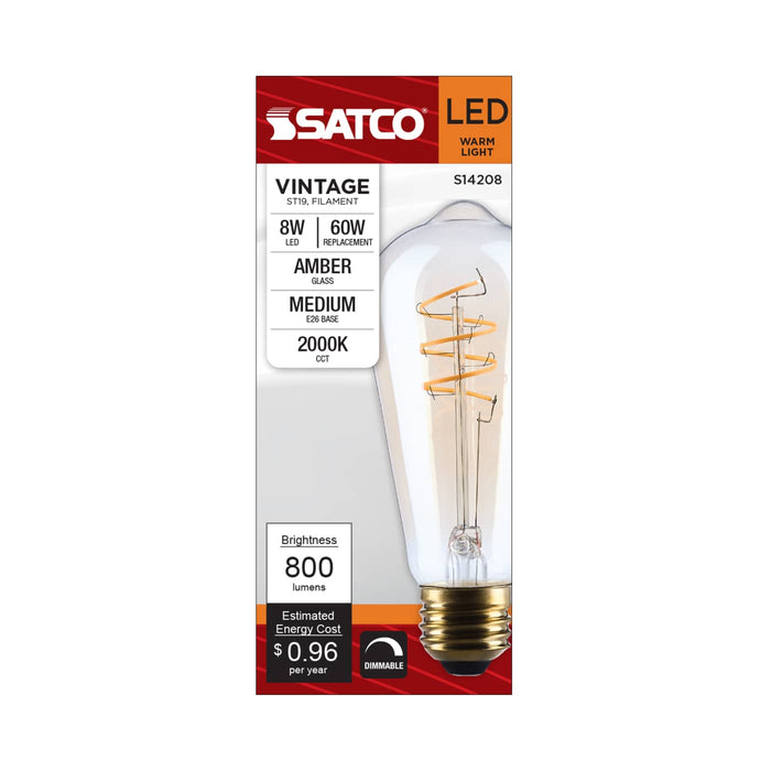SATCO/NUVO 8W LED ST19 Medium E26 Base 2000K 800Lm Clear Glass Amber Coil Filament Dimmable 90 CRI 120V (S14208)
