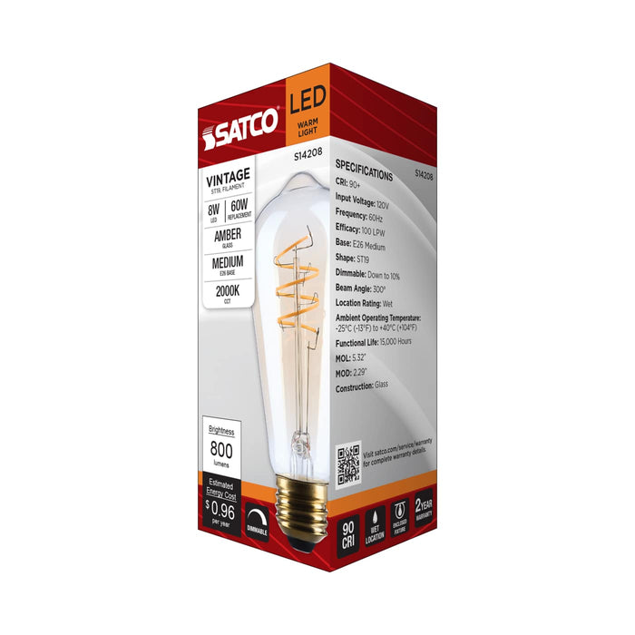 SATCO/NUVO 8W LED ST19 Medium E26 Base 2000K 800Lm Clear Glass Amber Coil Filament Dimmable 90 CRI 120V (S14208)