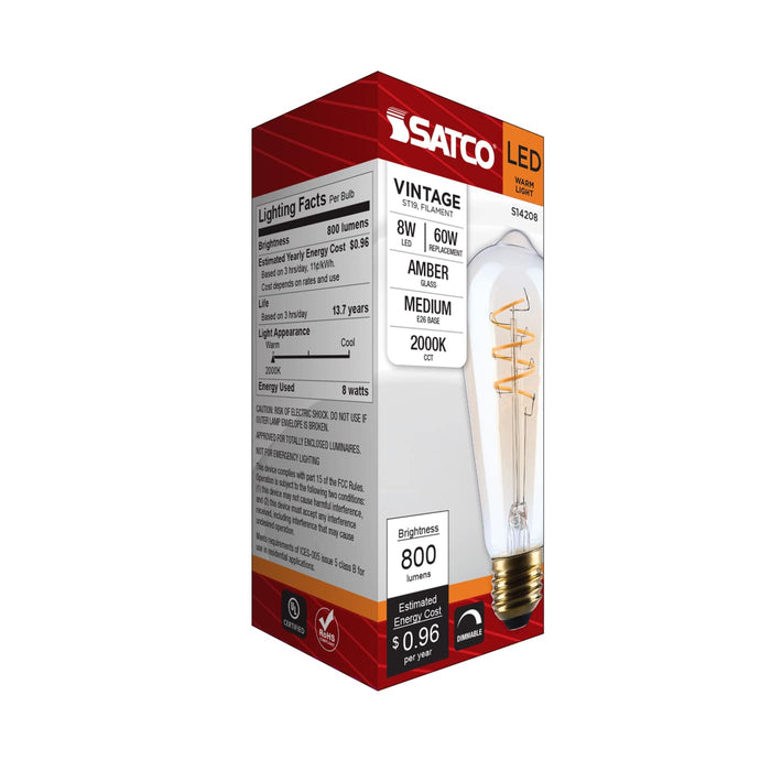 SATCO/NUVO 8W LED ST19 Medium E26 Base 2000K 800Lm Clear Glass Amber Coil Filament Dimmable 90 CRI 120V (S14208)