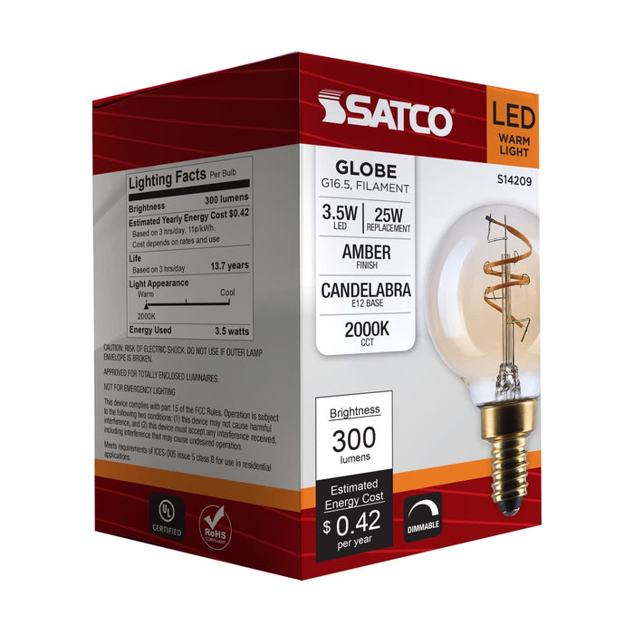 SATCO/NUVO 3.5W LED G16.5 Candelabra (E12) Base 2000K 300Lm Clear Glass Amber Coil Filament Dimmable 90 CRI 120V (S14209)