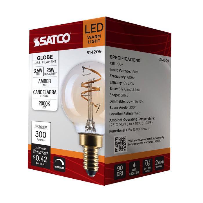 SATCO/NUVO 3.5W LED G16.5 Candelabra (E12) Base 2000K 300Lm Clear Glass Amber Coil Filament Dimmable 90 CRI 120V (S14209)