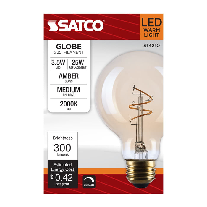 SATCO/NUVO 3.5W LED G25 Medium E26 Base 2000K 300Lm Clear Glass Amber Coil Filament Dimmable 90 CRI 120V (S14210)