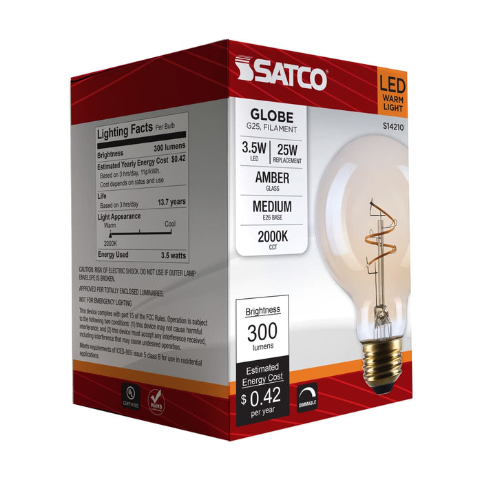 SATCO/NUVO 3.5W LED G25 Medium E26 Base 2000K 300Lm Clear Glass Amber Coil Filament Dimmable 90 CRI 120V (S14210)