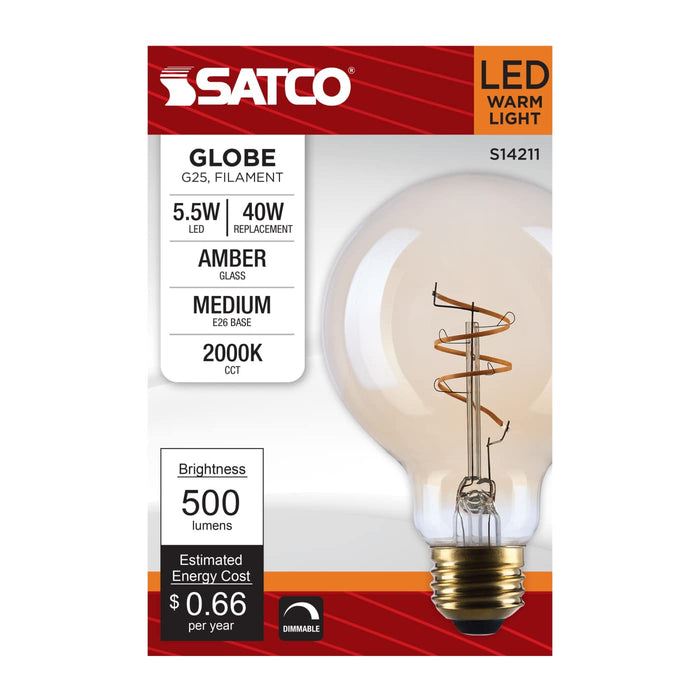 SATCO/NUVO 5.5W LED G25 Medium E26 Base 2000K 500Lm Clear Glass Amber Coil Filament Dimmable 90 CRI 120V (S14211)