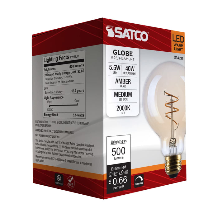 SATCO/NUVO 5.5W LED G25 Medium E26 Base 2000K 500Lm Clear Glass Amber Coil Filament Dimmable 90 CRI 120V (S14211)
