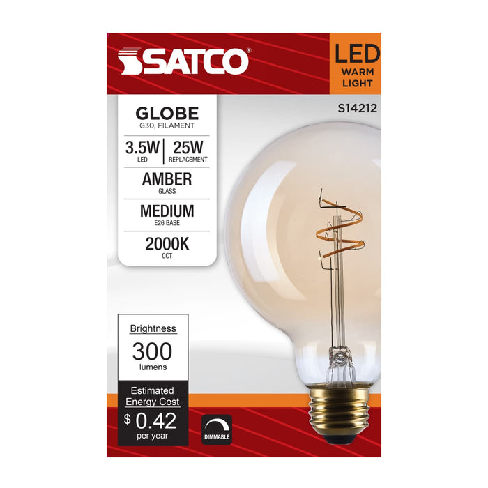 SATCO/NUVO 3.5W LED G30 Medium E26 Base 2000K 300Lm Clear Glass Amber Coil Filament Dimmable 90 CRI 120V (S14212)