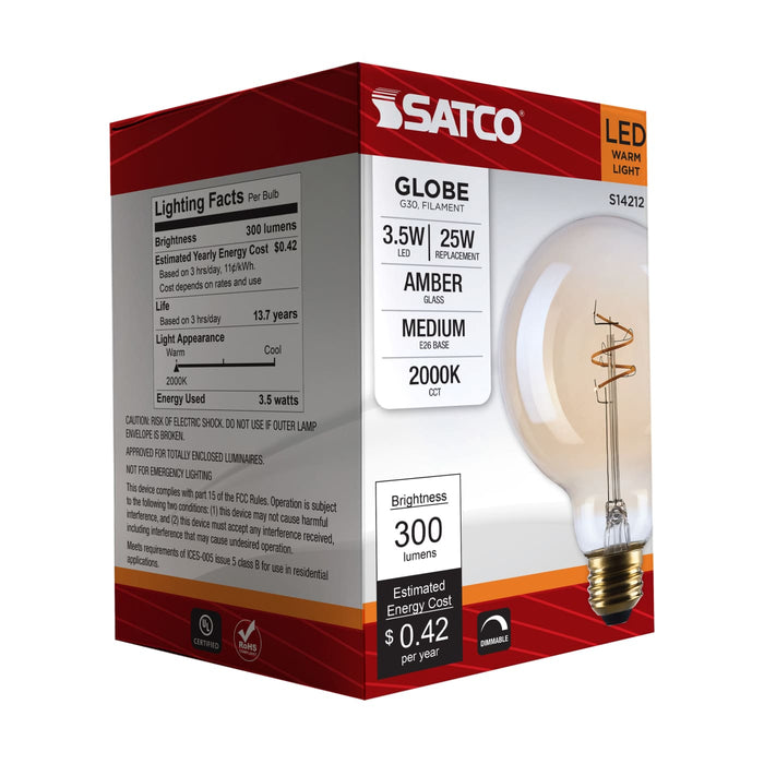 SATCO/NUVO 3.5W LED G30 Medium E26 Base 2000K 300Lm Clear Glass Amber Coil Filament Dimmable 90 CRI 120V (S14212)