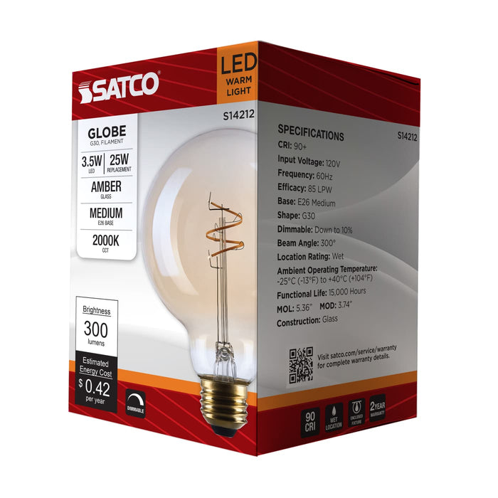 SATCO/NUVO 3.5W LED G30 Medium E26 Base 2000K 300Lm Clear Glass Amber Coil Filament Dimmable 90 CRI 120V (S14212)