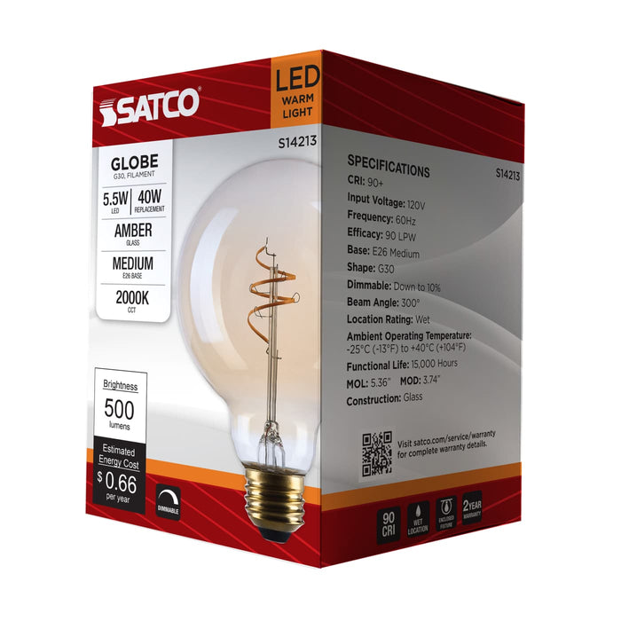 SATCO/NUVO 5.5W LED G30 Medium E26 Base 2000K 500Lm Clear Glass Amber Coil Filament Dimmable 90 CRI 120V (S14213)