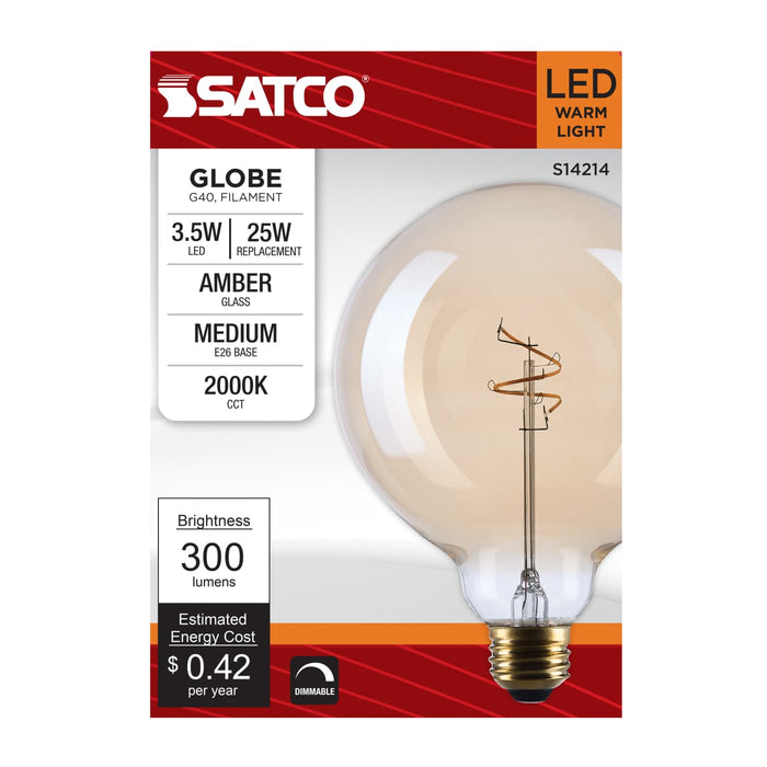 SATCO/NUVO 3.5W LED G40 Medium E26 Base 2000K 300Lm Clear Glass Amber Coil Filament Dimmable 90 CRI 120V (S14214)