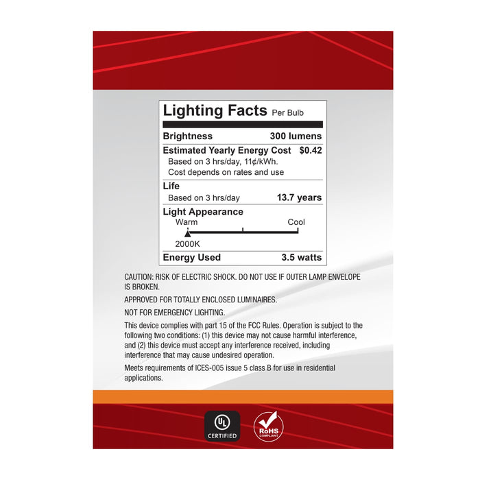 SATCO/NUVO 3.5W LED G40 Medium E26 Base 2000K 300Lm Clear Glass Amber Coil Filament Dimmable 90 CRI 120V (S14214)