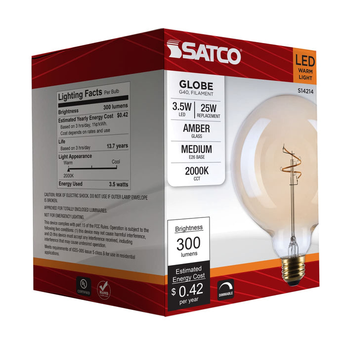 SATCO/NUVO 3.5W LED G40 Medium E26 Base 2000K 300Lm Clear Glass Amber Coil Filament Dimmable 90 CRI 120V (S14214)