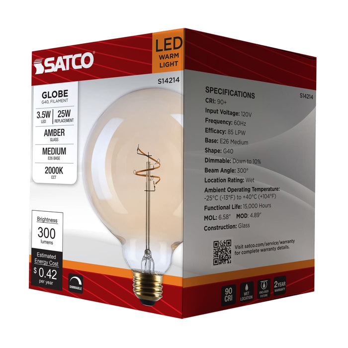 SATCO/NUVO 3.5W LED G40 Medium E26 Base 2000K 300Lm Clear Glass Amber Coil Filament Dimmable 90 CRI 120V (S14214)