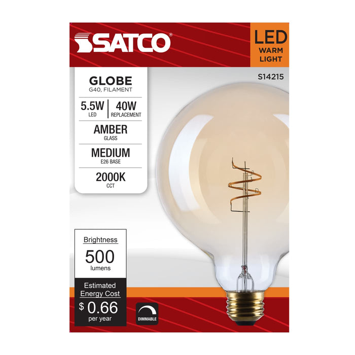 SATCO/NUVO 5.5W LED G40 Medium E26 Base 2000K 500Lm Clear Glass Amber Coil Filament Dimmable 90 CRI 120V (S14215)