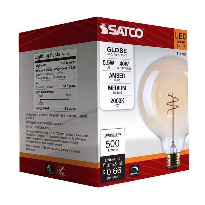 SATCO/NUVO 5.5W LED G40 Medium E26 Base 2000K 500Lm Clear Glass Amber Coil Filament Dimmable 90 CRI 120V (S14215)