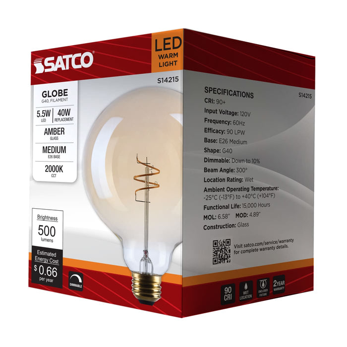 SATCO/NUVO 5.5W LED G40 Medium E26 Base 2000K 500Lm Clear Glass Amber Coil Filament Dimmable 90 CRI 120V (S14215)