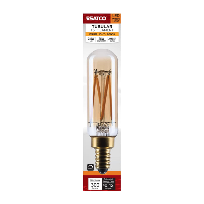 SATCO/NUVO 3.5W LED T6 Candelabra (E12) Base 2000K 300Lm Base Clear Glass Amber Straight Filament Dimmable 90 CRI 120V (S14216)