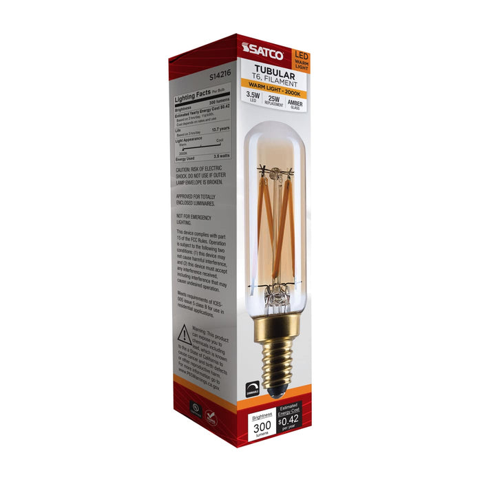 SATCO/NUVO 3.5W LED T6 Candelabra (E12) Base 2000K 300Lm Base Clear Glass Amber Straight Filament Dimmable 90 CRI 120V (S14216)