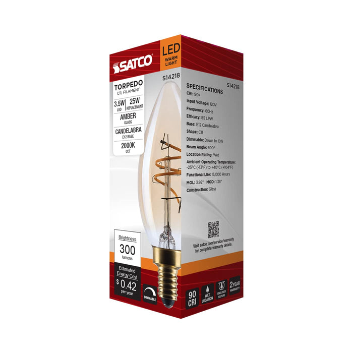 SATCO/NUVO 3.5W LED C11 Candelabra (E12) Base 2000K 300Lm Base Clear Glass Amber Coil Filament Dimmable 90 CRI 120V (S14218)