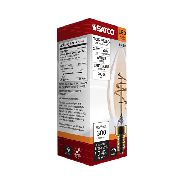 SATCO/NUVO 3.5W LED C11 Candelabra (E12) Base 2000K 300Lm Base Clear Glass Amber Coil Filament Dimmable 90 CRI 120V (S14218)