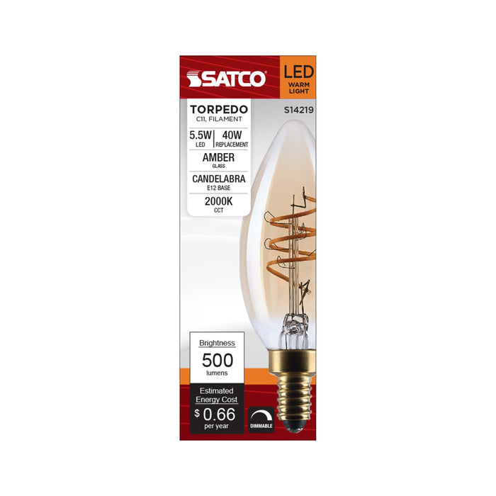 SATCO/NUVO 5.5W LED C11 Candelabra (E12) Base 2000K 500Lm Clear Glass Amber Coil Filament Dimmable 90 CRI 120V (S14219)