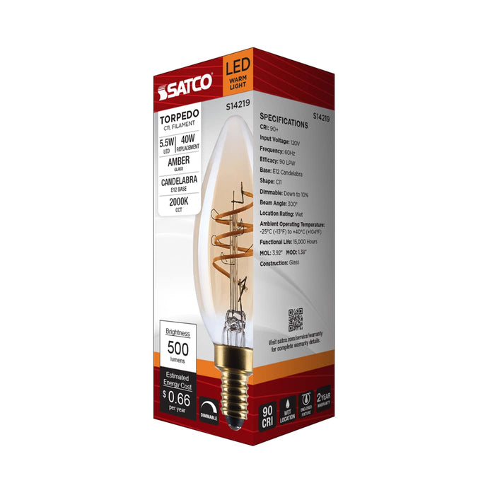 SATCO/NUVO 5.5W LED C11 Candelabra (E12) Base 2000K 500Lm Clear Glass Amber Coil Filament Dimmable 90 CRI 120V (S14219)