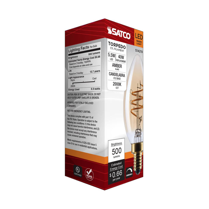 SATCO/NUVO 5.5W LED C11 Candelabra (E12) Base 2000K 500Lm Clear Glass Amber Coil Filament Dimmable 90 CRI 120V (S14219)