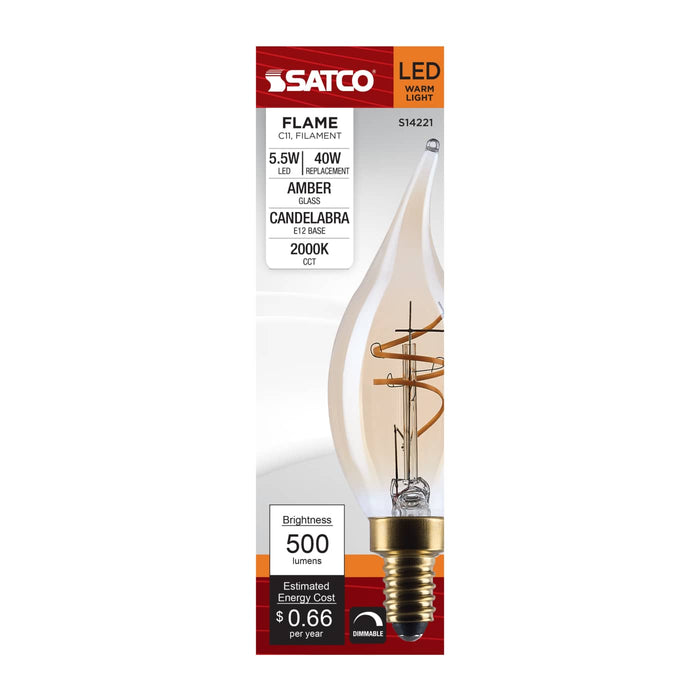 SATCO/NUVO 5.5W LED CA11 Candelabra (E12) Base 2000K 500Lm Clear Glass Amber Coil Filament Dimmable 90 CRI 120V (S14221)
