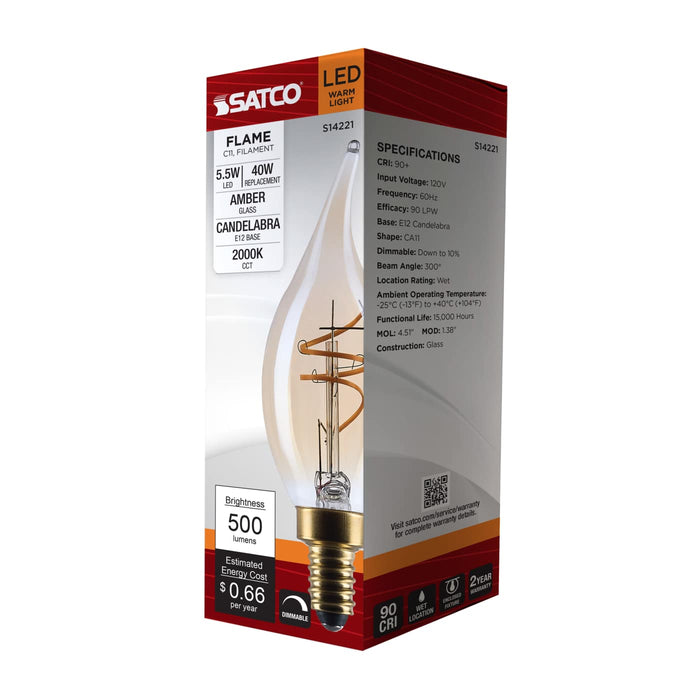 SATCO/NUVO 5.5W LED CA11 Candelabra (E12) Base 2000K 500Lm Clear Glass Amber Coil Filament Dimmable 90 CRI 120V (S14221)