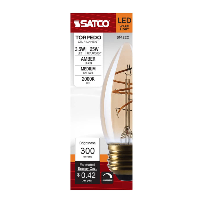 SATCO/NUVO 3.5W LED C11 Medium E26 Base 2000K 300Lm Clear Glass Amber Coil Filament Dimmable 90 CRI 120V (S14222)