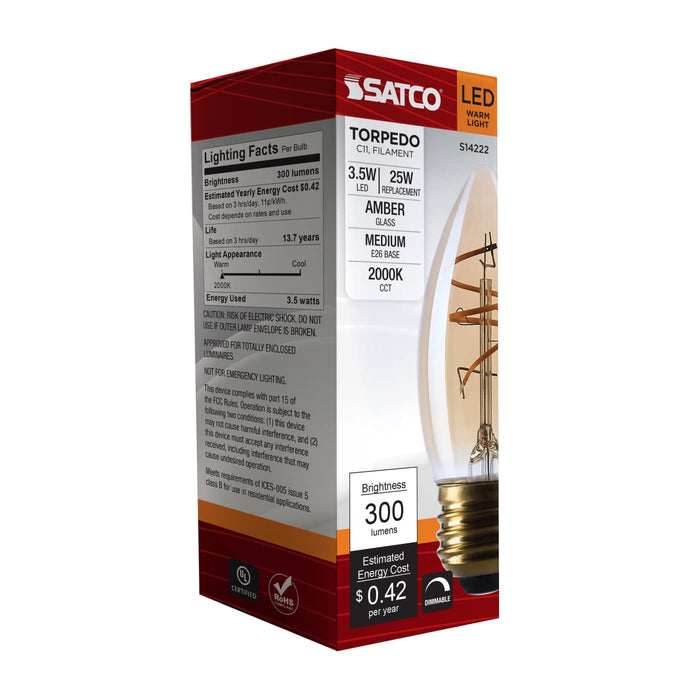 SATCO/NUVO 3.5W LED C11 Medium E26 Base 2000K 300Lm Clear Glass Amber Coil Filament Dimmable 90 CRI 120V (S14222)