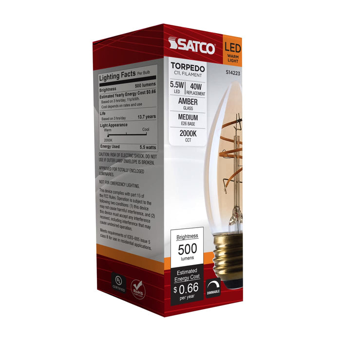 SATCO/NUVO 5.5W LED C11 Medium E26 Base 2000K 500Lm Clear Glass Amber Coil Filament Dimmable 90 CRI 120V (S14223)