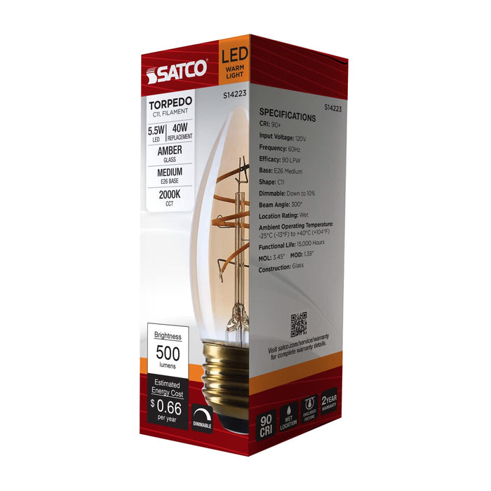 SATCO/NUVO 5.5W LED C11 Medium E26 Base 2000K 500Lm Clear Glass Amber Coil Filament Dimmable 90 CRI 120V (S14223)