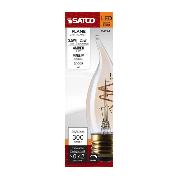 SATCO/NUVO 3.5W LED CA11 Medium E26 Base 2000K 300Lm Clear Glass Amber Coil Filament Dimmable 90 CRI 120V (S14224)