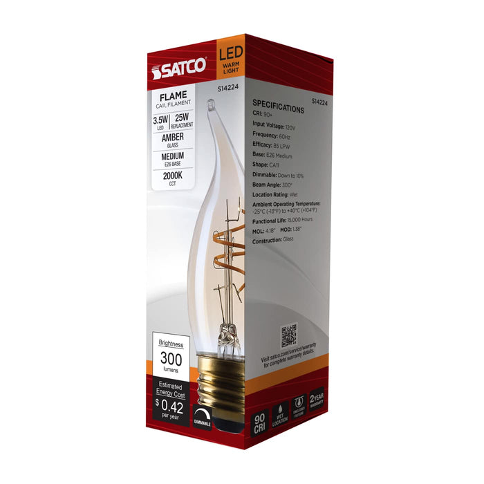 SATCO/NUVO 3.5W LED CA11 Medium E26 Base 2000K 300Lm Clear Glass Amber Coil Filament Dimmable 90 CRI 120V (S14224)