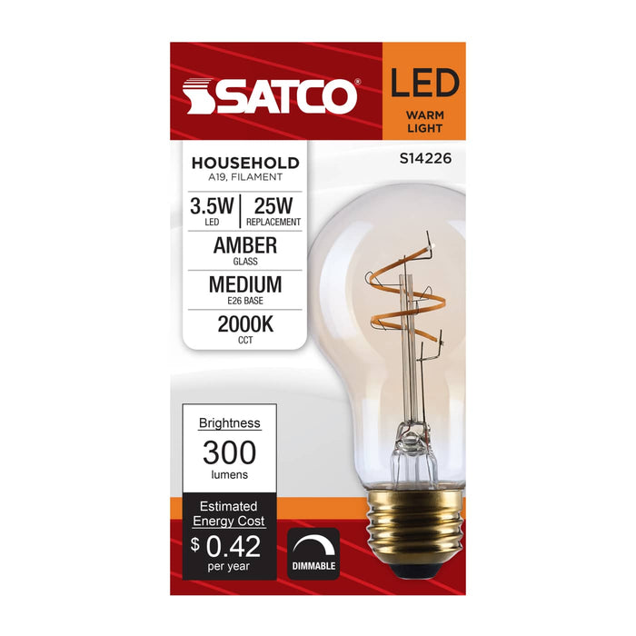 SATCO/NUVO 3.5W LED A19 Medium E26 Base 2000K 300Lm Clear Glass Amber Coil Filament Dimmable 90 CRI 120V (S14226)