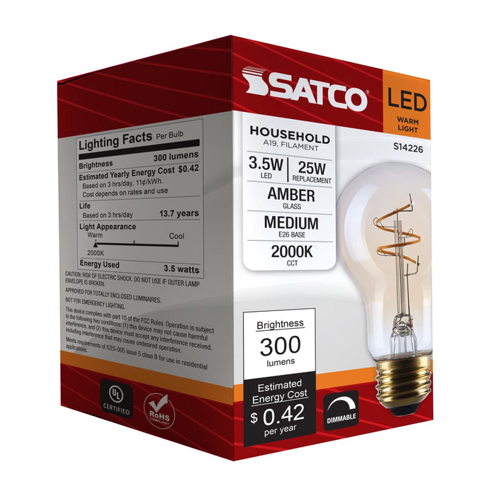 SATCO/NUVO 3.5W LED A19 Medium E26 Base 2000K 300Lm Clear Glass Amber Coil Filament Dimmable 90 CRI 120V (S14226)