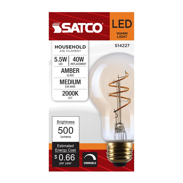 SATCO/NUVO 5.5W LED A19 Medium E26 Base 2000K 500Lm Clear Glass Amber Coil Filament Dimmable 90 CRI 120V (S14227)