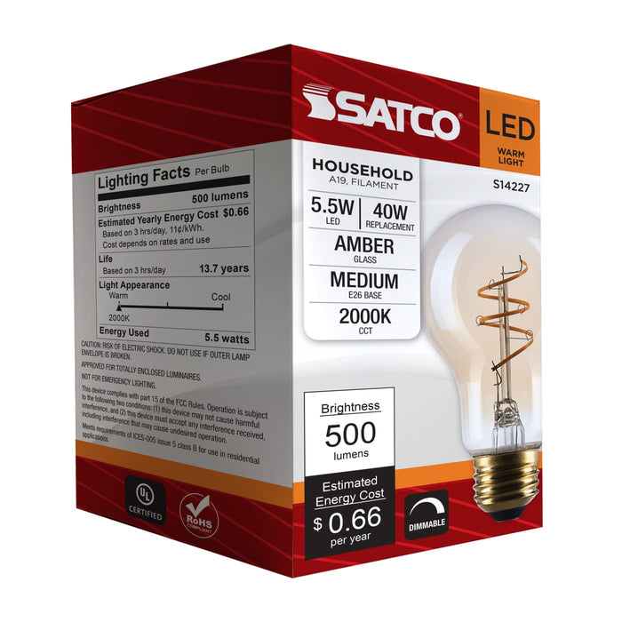 SATCO/NUVO 5.5W LED A19 Medium E26 Base 2000K 500Lm Clear Glass Amber Coil Filament Dimmable 90 CRI 120V (S14227)
