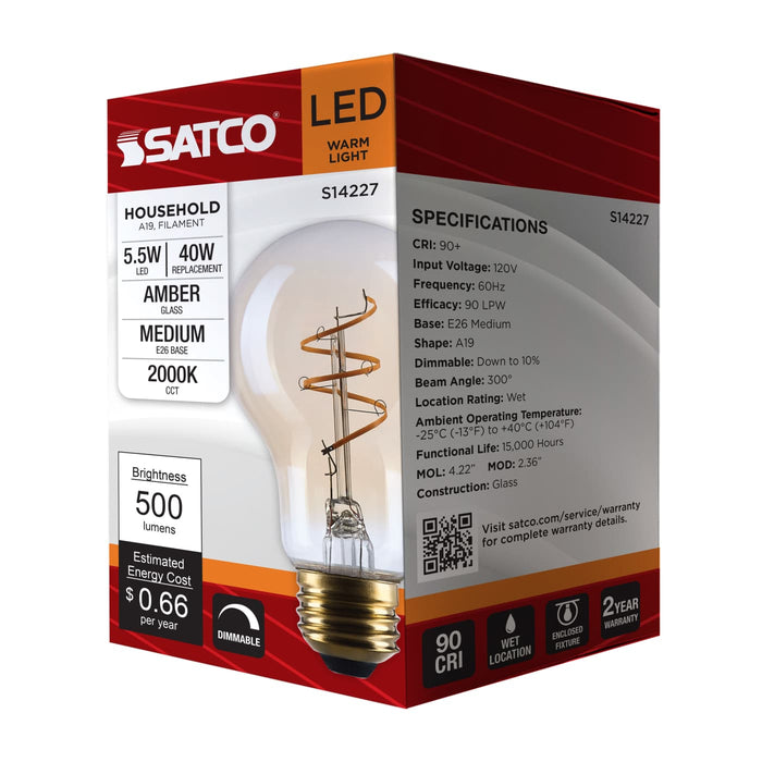 SATCO/NUVO 5.5W LED A19 Medium E26 Base 2000K 500Lm Clear Glass Amber Coil Filament Dimmable 90 CRI 120V (S14227)