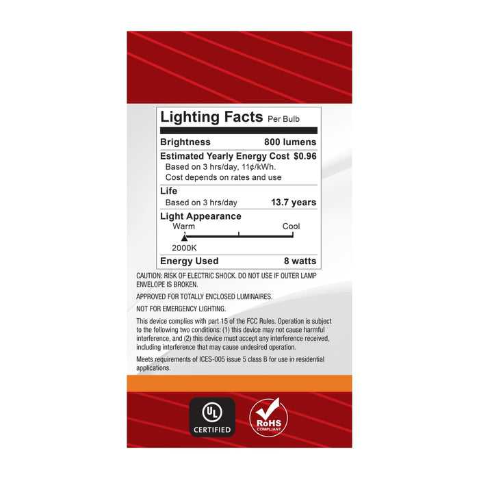 SATCO/NUVO 8W LED A19 Medium E26 Base 2000K 800Lm Clear Glass Amber Coil Filament Dimmable 90 CRI 120V (S14228)