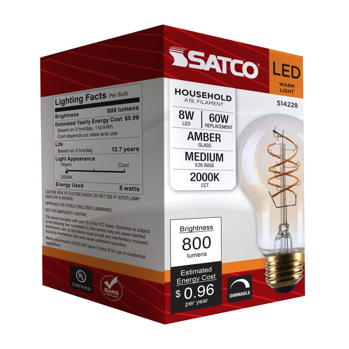 SATCO/NUVO 8W LED A19 Medium E26 Base 2000K 800Lm Clear Glass Amber Coil Filament Dimmable 90 CRI 120V (S14228)