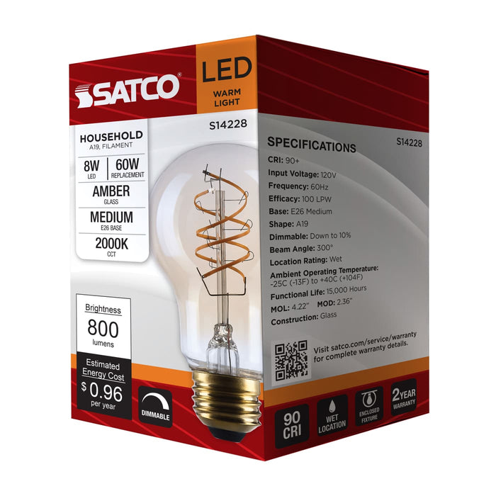 SATCO/NUVO 8W LED A19 Medium E26 Base 2000K 800Lm Clear Glass Amber Coil Filament Dimmable 90 CRI 120V (S14228)